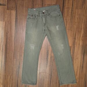 True Religion Ricky Super T Flap Jeans Mens 32 Olive Y2K Skull Roses USA